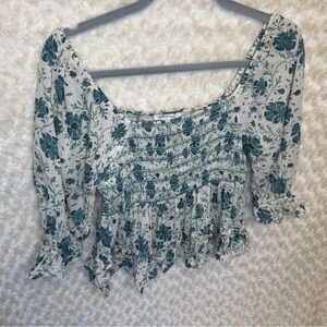 American Eagle Floral Smocked Top - Green and White size S